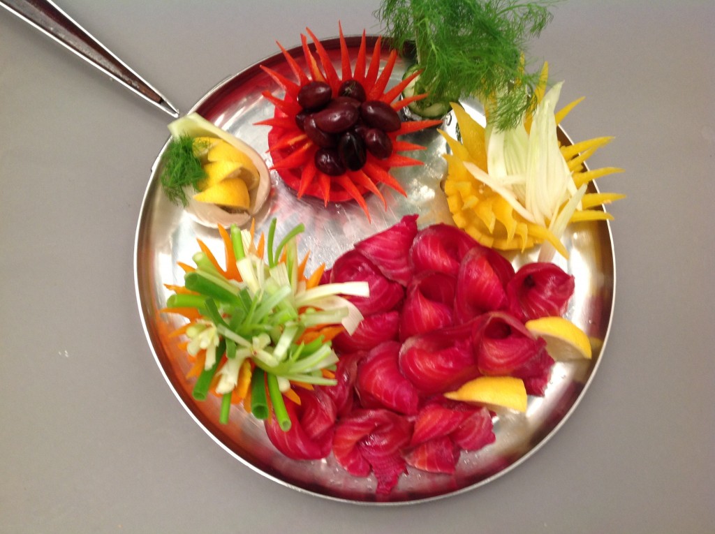 BEET CURED SALMON, WITH CONDIMENTS.